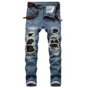 Men's Elastic Jeans Ripped Mesh Skinny Denim Casual Slim Fit Stretchable Pants